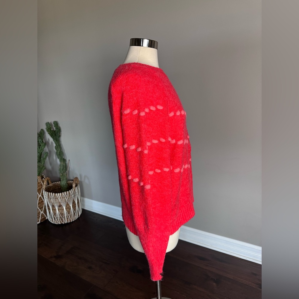 All In Favor Nordstrom Crewneck Sweater Embroidered Pom Chevron Cherry Red Large - Picture 2 of 8
